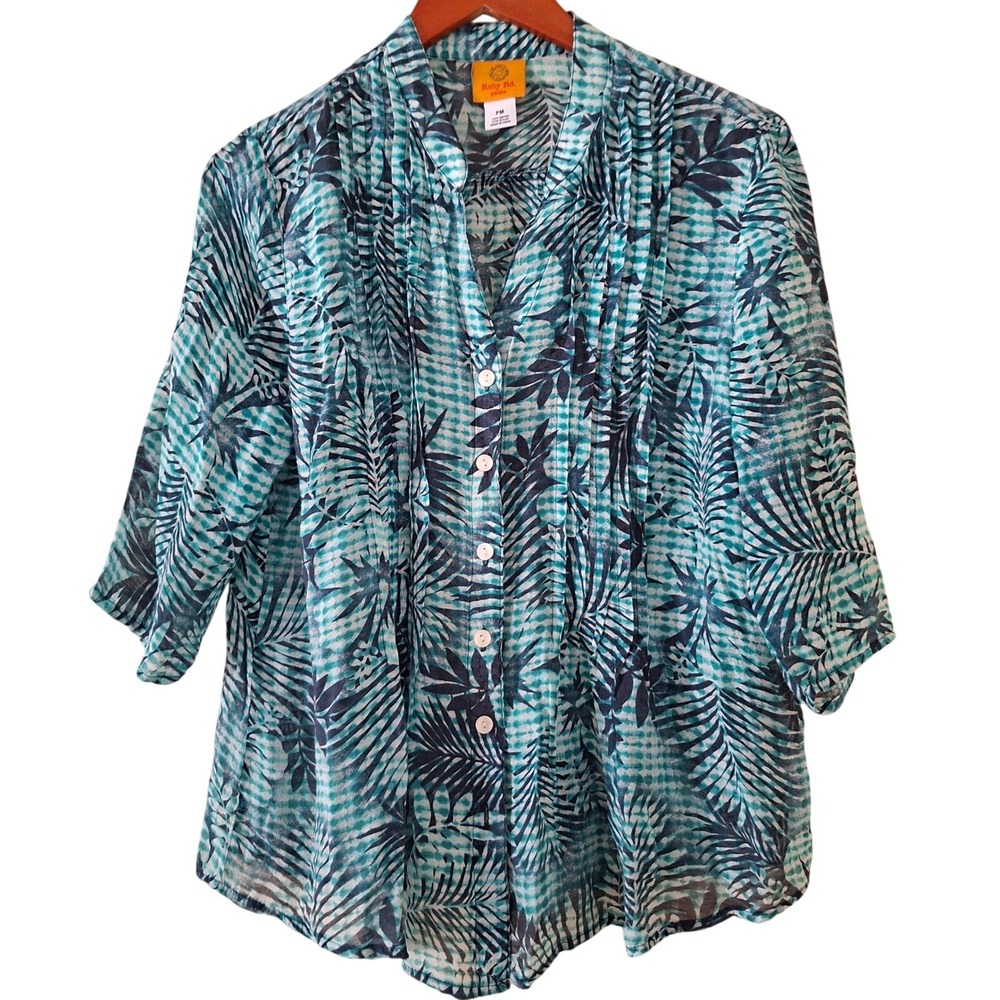 Ruby Rd Petite Blouse PM Teal Tropical Palm Leaf Pleated Button Front 3/4 Sleeve